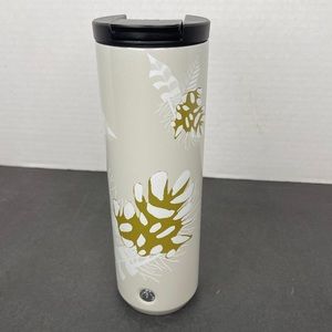Starbucks Travel Mug 16 oz 2020 Holiday Pinecone White Gold Stainless Steel Used